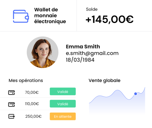 vue globale du wallet de monnaie électronique avec solde, dernières opérations et total des ventes